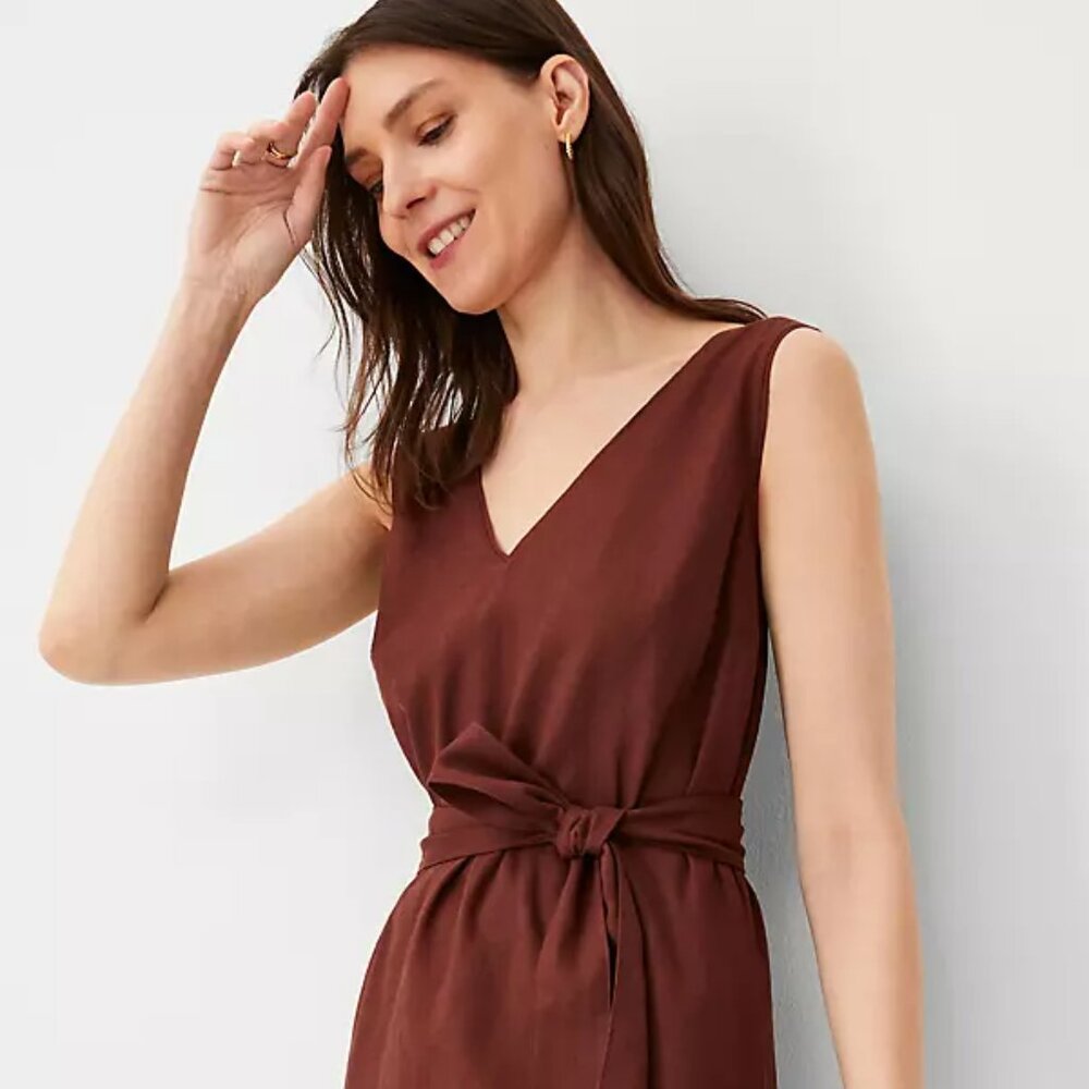 Linen Blend Belted V-Neck Sheath Dress